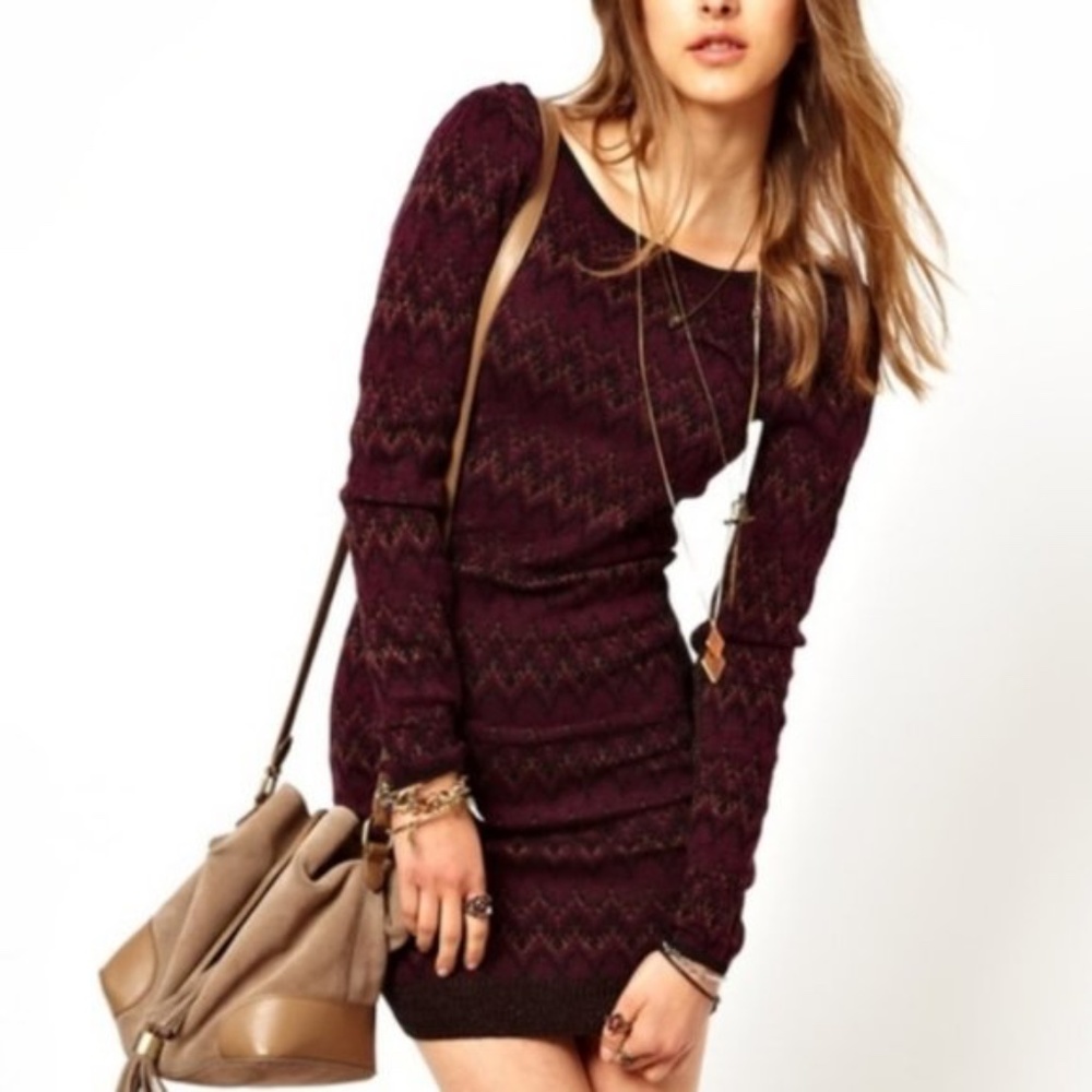 Free People Purple Chevron Bodycon Long Sleeve Sweater Dress/ Size S